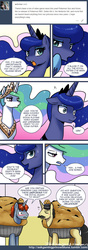Size: 679x1920 | Tagged: safe, artist:johnjoseco, princess celestia, princess luna, ask gaming princess luna, g4, ask, comic, dialogue, food, muffin, speech bubble, tumblr