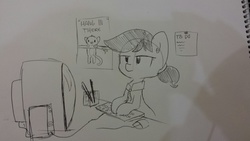 Size: 1280x720 | Tagged: safe, artist:tjpones, oc, oc only, pony, black and white, computer, computer mouse, grayscale, hang in there, keyboard, monitor, monochrome, ponytail, poster, sketch, solo, traditional art