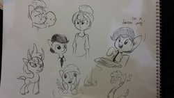 Size: 1280x720 | Tagged: safe, artist:tjpones, oc, oc only, oc:brownie bun, oc:richard, dragon, giraffe, human, black and white, derp, grayscale, humanized, keyboard, monochrome, necktie, ponified, sketch, traditional art