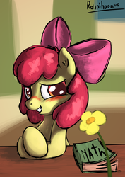 Size: 1240x1748 | Tagged: safe, artist:rainihorn, apple bloom, g4, adorabloom, blushing, book, cute, female, flower, shy, solo