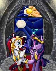 Size: 1015x1280 | Tagged: safe, artist:crecious, twilight sparkle, oc, oc:bridle timeout, alicorn, pony, g4, canon x oc, element of magic, female, guardsmare, lesbian, mare, royal guard, ship:twidle, shipping, stained glass, twiguard, twilight sparkle (alicorn)