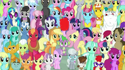 Size: 1274x716 | Tagged: safe, aloe, apple bloom, applejack, big macintosh, bon bon, bulk biceps, carrot cake, cheerilee, cloudchaser, cup cake, daisy, derpy hooves, diamond tiara, dj pon-3, doctor whooves, flitter, flower wishes, fluttershy, granny smith, lily, lily valley, lotus blossom, lyra heartstrings, mayor mare, minuette, octavia melody, pinkie pie, pipsqueak, pound cake, pumpkin cake, rainbow dash, rarity, roseluck, scootaloo, silver spoon, snails, snips, spike, starlight glimmer, sweetie belle, sweetie drops, thunderlane, time turner, twilight sparkle, twist, vinyl scratch, alicorn, earth pony, pegasus, pony, unicorn, g4, cake family, cutie mark crusaders, everypony at s5's finale, female, flower trio, mane seven, mane six, mare, op is a duck, op is trying to start shit, ponyville, spa twins, twilight sparkle (alicorn)