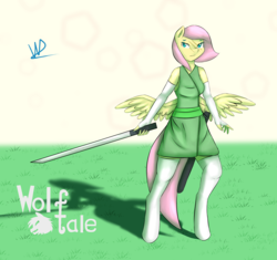 Size: 3607x3386 | Tagged: safe, artist:wolfy-pony, fluttershy, anthro, unguligrade anthro, g4, alternate hairstyle, badass, clothes, female, flutterbadass, high res, katana, kunoichi, ninja, solo, suit, sword, timeline, weapon