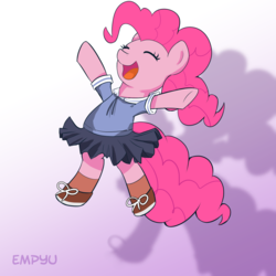 Size: 1000x1000 | Tagged: safe, artist:empyu, pinkie pie, g4, anime, azumanga daioh, chiyo mihama, clothes, crossover, cute, diapinkes, eyes closed, female, gradient background, mihama chiyo, open mouth, paraskirt, school uniform, solo