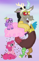 Size: 459x723 | Tagged: safe, artist:pinkie fry, discord, pinkie pie, screwball, g4, chocolate, chocolate rain, cloud, cotton candy, cotton candy cloud, female, food, leaning, male, open mouth, rain, ship:discopie, shipping, sitting, smiling, straight, tongue out