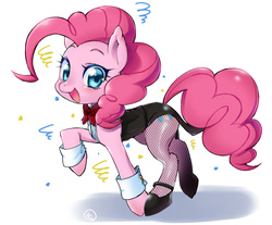 Size: 797x660 | Tagged: safe, artist:mococo, pinkie pie, earth pony, pony, g4, bow, bowtie, clothes, confetti, female, fishnet pantyhose, fishnet stockings, happy, high heels, mare, open mouth, pantyhose, raised hoof, shadow, shoes, simple background, socks, solo, thigh highs, wrist cuffs