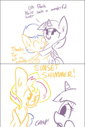 Size: 640x955 | Tagged: safe, artist:tjpones edits, edit, flash sentry, sunset shimmer, twilight sparkle, alicorn, pony, g4, comic, cropped, disguise, female, lesbian, lineart, male, mare, ponysuit, ship:flashlight, ship:sunsetsparkle, shipping, simple background, straight, twilight sparkle (alicorn), undressing, what a twist, white background