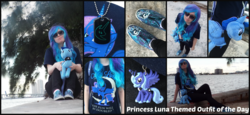 Size: 2000x920 | Tagged: safe, artist:krazykari, princess luna, human, g4, clothes, irl, irl human, photo, plushie, welovefine