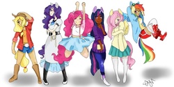 Size: 800x400 | Tagged: safe, artist:n0vanity, applejack, fluttershy, pinkie pie, rainbow dash, rarity, twilight sparkle, human, g4, clothes, dark skin, eared humanization, horn, horned humanization, humanized, looking at you, mane six, sweater, sweatershy, tailed humanization, winged humanization