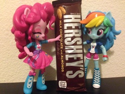 Size: 3264x2448 | Tagged: safe, pinkie pie, rainbow dash, equestria girls, g4, candy, chocolate, clothes, doll, equestria girls minis, eqventures of the minis, food, hershey bar, high res, irl, photo, skirt, toy