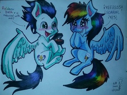 Size: 1024x769 | Tagged: safe, artist:darindashiedo, rainbow dash, soarin', pony, g4, engrish, female, male, marriage proposal, ship:soarindash, shipping, straight, traditional art