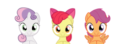 Size: 1600x568 | Tagged: safe, artist:avisola, apple bloom, scootaloo, sweetie belle, g4, cutie mark crusaders, innocent, simple background, smiling, transparent background, vector