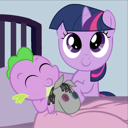 Size: 941x941 | Tagged: dead source, safe, artist:avisola, smarty pants, spike, twilight sparkle, dragon, pony, unicorn, g4, baby, baby dragon, baby spike, bed, blanket, cute, doll, female, filly, filly twilight sparkle, looking up, male, mama twilight, pillow, sleeping, spikabetes, spikelove, toy, twiabetes, unicorn twilight, younger