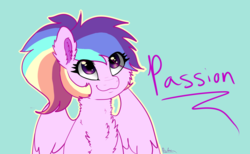 Size: 1666x1023 | Tagged: safe, artist:saphi-boo, oc, oc only, oc:passion flare, pegasus, pony, chest fluff, fluffy, magical lesbian spawn, next generation, offspring, parent:rainbow dash, parent:twilight sparkle, parents:twidash, rainbow hair, simple background, solo
