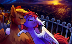 Size: 1280x778 | Tagged: safe, artist:cherivinca, oc, oc only, oc:strawberry glimmer, oc:tech talk, bat pony, pegasus, pony, vampony, city, female, kissing, male, night, straight, strawtech, sunset