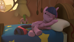 Size: 8192x4608 | Tagged: safe, artist:xppp1n, spike, twilight sparkle, alicorn, dragon, pony, g4, 3d, absurd resolution, bed, butt, female, mare, plot, sleeping, source filmmaker, twilight sparkle (alicorn)