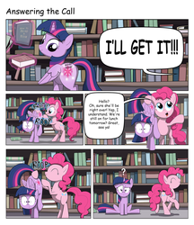 Size: 2200x2548 | Tagged: safe, artist:sslug, pinkie pie, twilight sparkle, alicorn, earth pony, phone pony, pony, g4, :o, :p, balancing, beep boop, book, bookshelf, boop, booty call, butt, cartoon physics, comic, confused, eyes closed, female, frown, glowing cutie mark, high res, levitation, library, licking, licking lips, lifting, magic, mare, open mouth, personal space invasion, pinkie being pinkie, pinkie physics, plot, question mark, raised eyebrow, raised hoof, raised leg, raised tail, silly, spread wings, surprised, tail, tail pull, telekinesis, tongue out, trotting, twilight sparkle (alicorn), walking, wide eyes