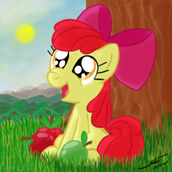 Size: 3300x3300 | Tagged: safe, artist:template93, apple bloom, earth pony, pony, g4, apple, bow, female, filly, foal, food, grass, hair bow, sitting, solo, tree