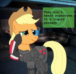 Size: 1034x1000 | Tagged: safe, artist:hakar-kerarmor, applejack, g4, armor, crossover, crying, female, liquid pride, mass effect, n7 armor, paragon, solo