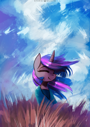Size: 919x1300 | Tagged: safe, artist:foxinshadow, twilight sparkle, pony, unicorn, g4, clothes, cloud, eyes closed, female, field, mare, painting, sky, smiling, solo