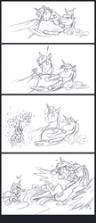 Size: 744x1718 | Tagged: safe, artist:carnivorouscaribou, princess cadance, princess flurry heart, shining armor, g4, season 6, belly, birth, comic, monochrome, pregnant, teleportation