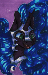 Size: 1411x2179 | Tagged: safe, artist:rinioshi, nightmare moon, alicorn, pony, g4, bust, female, portrait, smiling, solo, traditional art