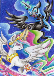 Size: 1822x2552 | Tagged: safe, artist:lunar-white-wolf, nightmare moon, princess celestia, g4, fight, gritted teeth, growling, guardians of harmony, magic, toy fair 2016, toy interpretation, traditional art