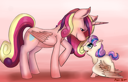 Size: 2679x1725 | Tagged: safe, artist:kysimon, princess cadance, princess flurry heart, alicorn, pony, g4, season 6, duo, duo female, eye contact, female, mama cadence, mare, mother and daughter, smiling, spread wings
