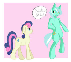 Size: 2021x1763 | Tagged: safe, artist:fluffleduckle, bon bon, lyra heartstrings, sweetie drops, earth pony, pony, g4, bipedal, bon bon is not amused, ship:lyrabon, shipping