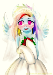 Size: 2893x4092 | Tagged: safe, artist:monochromacat, part of a set, rainbow dash, semi-anthro, g4, blushing, bouquet, clothes, dress, female, monochromacat's wedding series, part of a series, solo, spread wings, wedding dress