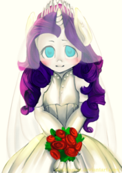 Size: 2893x4092 | Tagged: safe, artist:monochromacat, part of a set, rarity, semi-anthro, g4, blushing, bouquet, clothes, dress, female, looking at you, monochromacat's wedding series, part of a series, solo, wedding dress