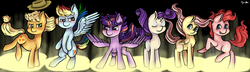 Size: 10458x3000 | Tagged: safe, artist:kysimon, applejack, fluttershy, pinkie pie, rainbow dash, rarity, twilight sparkle, alicorn, pony, g4, absurd resolution, bipedal, female, mane six, mare, spread wings, twilight sparkle (alicorn), windswept mane