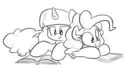 Size: 709x390 | Tagged: safe, artist:shoutingisfun, pinkie pie, twilight sparkle, g4, monochrome