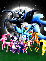 Size: 2976x3968 | Tagged: safe, artist:malami95, applejack, fluttershy, nightmare moon, pinkie pie, rainbow dash, rarity, twilight sparkle, g4, high res, mane six