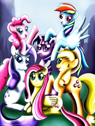 Size: 2700x3600 | Tagged: safe, artist:malami95, applejack, fluttershy, pinkie pie, rainbow dash, rarity, twilight sparkle, g4, high res, mane six, mane six opening poses, scene interpretation