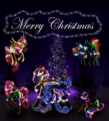 Size: 1000x1111 | Tagged: safe, artist:malami95, fluttershy, pinkie pie, princess celestia, princess luna, rainbow dash, twilight sparkle, g4, christmas, christmas tree, clothes, socks, striped socks, tree