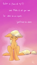 Size: 720x1280 | Tagged: safe, artist:lumepone, applejack, g4, female, floppy ears, hatless, missing accessory, never be alone, solo, song reference
