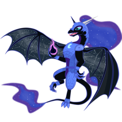 Size: 2000x2000 | Tagged: safe, artist:virenth, nightmare moon, tantabus, dragon, g4, armor, dragon armor, dragoness, dragonified, ethereal mane, female, high res, open mouth, simple background, species swap, spread wings, starry mane, starry wings, transparent background, wings