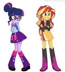 Size: 7039x7850 | Tagged: safe, artist:wawtoons, sci-twi, sunset shimmer, twilight sparkle, equestria girls, g4, absurd resolution, alternate clothes, boots, female, high heel boots, lesbian, ship:sci-twishimmer, ship:sunsetsparkle, shipping, shoes, simple background, vector, white background