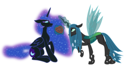 Size: 8000x4392 | Tagged: source needed, safe, artist:sctavia, nightmare moon, queen chrysalis, g4, absurd resolution, female, happy birthday, lesbian, present, ship:chrysmoon, shipping, simple background, transparent background, vector