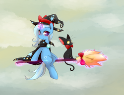 Size: 1300x1000 | Tagged: safe, artist:phyllismi, trixie, cat, pony, unicorn, g4, bow, broom, cap, crossover, female, flying, flying broomstick, hat, kiki's delivery service, looking back, mare, sitting, studio ghibli, witch, witch hat