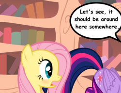 Size: 1592x1220 | Tagged: safe, artist:slb94, fluttershy, twilight sparkle, alicorn, pony, g4, ass up, blushing, clothes, comic sans, dialogue, eyes on the prize, female, library, looking at butt, mare, shocked, socks, stare, striped socks, twilight sparkle (alicorn)