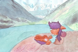 Size: 4580x3100 | Tagged: safe, artist:pzkratzer, scootaloo, pony, g4, backpack, cutie mark, female, lake, mountain, nature, relaxing, solo, the cmc's cutie marks, traditional art, watercolor painting