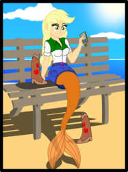 Size: 2249x3000 | Tagged: safe, artist:physicrodrigo, part of a set, applejack, mermaid, series:equestria mermaids, equestria girls, g4, beach, bench, boots, breasts, busty applejack, cellphone, clothes, female, hatless, high res, loose hair, mermaidized, missing accessory, ocean, part of a series, phone, seashell, skirt, solo, species swap, story included