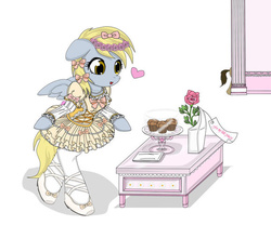 Size: 580x483 | Tagged: safe, artist:avchonline, derpy hooves, doctor whooves, time turner, pony, g4, ballet, ballet slippers, bipedal, canterlot royal ballet academy, clothes, female, floppy ears, flower, food, hair accessory, heart, male, muffin, pantyhose, puffy sleeves, rose, ship:doctorderpy, shipping, shoes, skirt, solo, straight, table, tutu