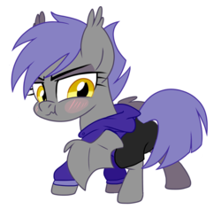 Size: 528x498 | Tagged: safe, artist:pepooni, oc, oc only, oc:midnight blossom, bat pony, pony, blushing, clothes, female, hoodie, looking back, pants, solo