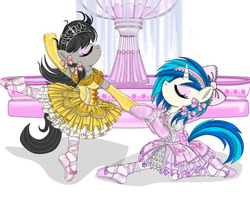 Size: 580x478 | Tagged: safe, artist:avchonline, dj pon-3, octavia melody, vinyl scratch, pony, semi-anthro, g4, ballerina, ballet, ballet slippers, bipedal, canterlot royal ballet academy, clothes, dancing, duo, en pointe, eyes closed, hair accessory, puffy sleeves, skirt, tutu