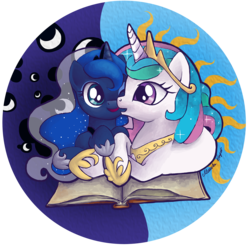 Size: 2000x2000 | Tagged: safe, artist:redi, princess celestia, princess luna, alicorn, pony, g4, book, cuddling, cute, high res, nuzzling, open mouth, prone, sisters, smiling, snuggling, wink