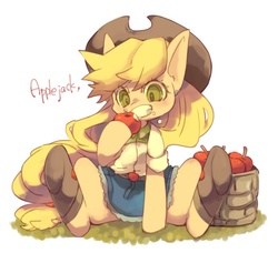 Size: 870x795 | Tagged: safe, artist:toumitsu, applejack, earth pony, pony, g4, apple, clothes, cute, equestria girls outfit, equestria girls ponified, female, food, human pony applejack, jackabetes, ponified, sitting, solo