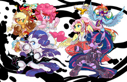 Size: 1373x889 | Tagged: safe, artist:sweetsound, applejack, derpy hooves, fluttershy, pinkie pie, rainbow dash, rarity, sunset shimmer, twilight sparkle, pony, g4, mane six